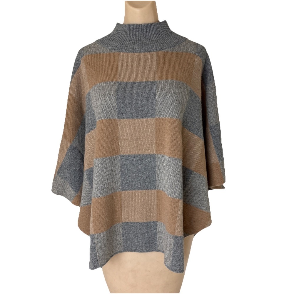 Note di Anita Merino Wool Cashmere Sweater Checkered Poncho Dolman Mock Neck OS